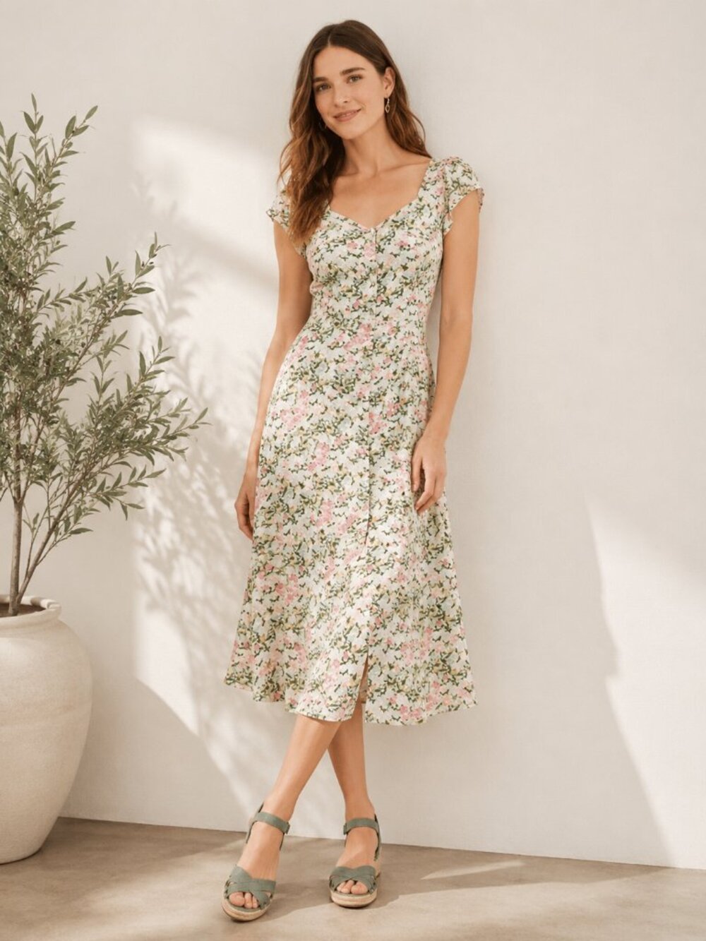 Loft Agave Floral Cap Sleeve Sweetheart Neckline Button Down Midi Dress Size 0
